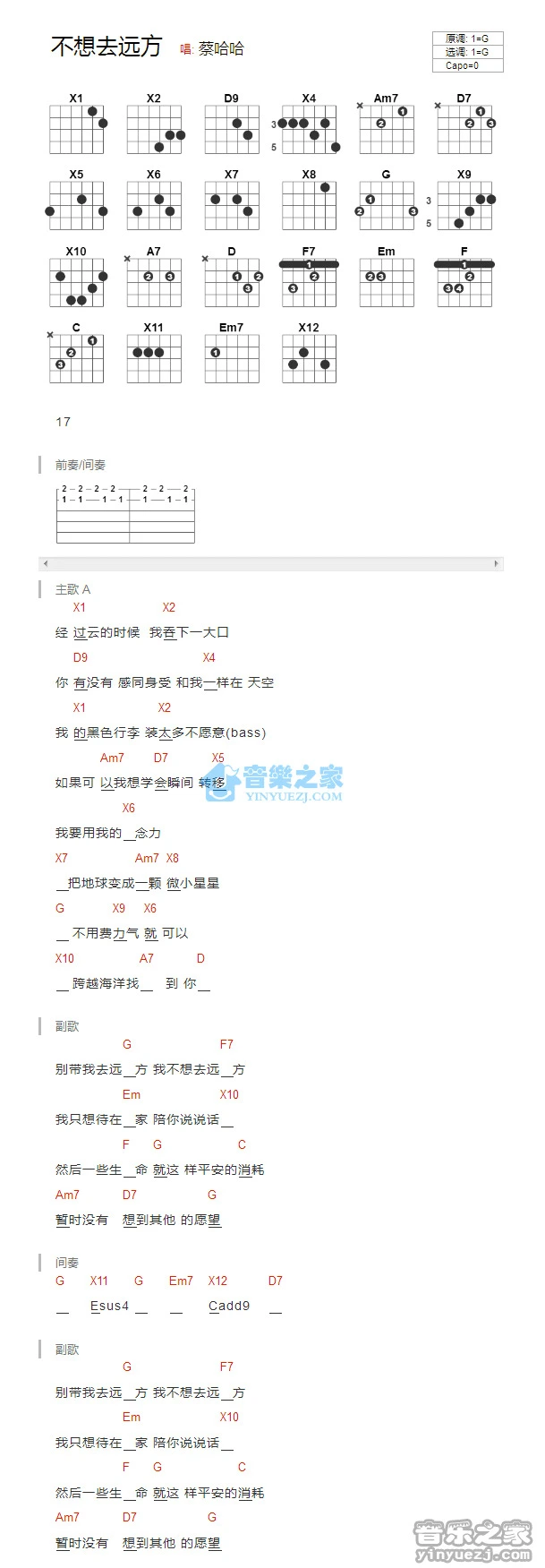 《不想去远方》吉他和弦弹唱谱G调版吉它谱