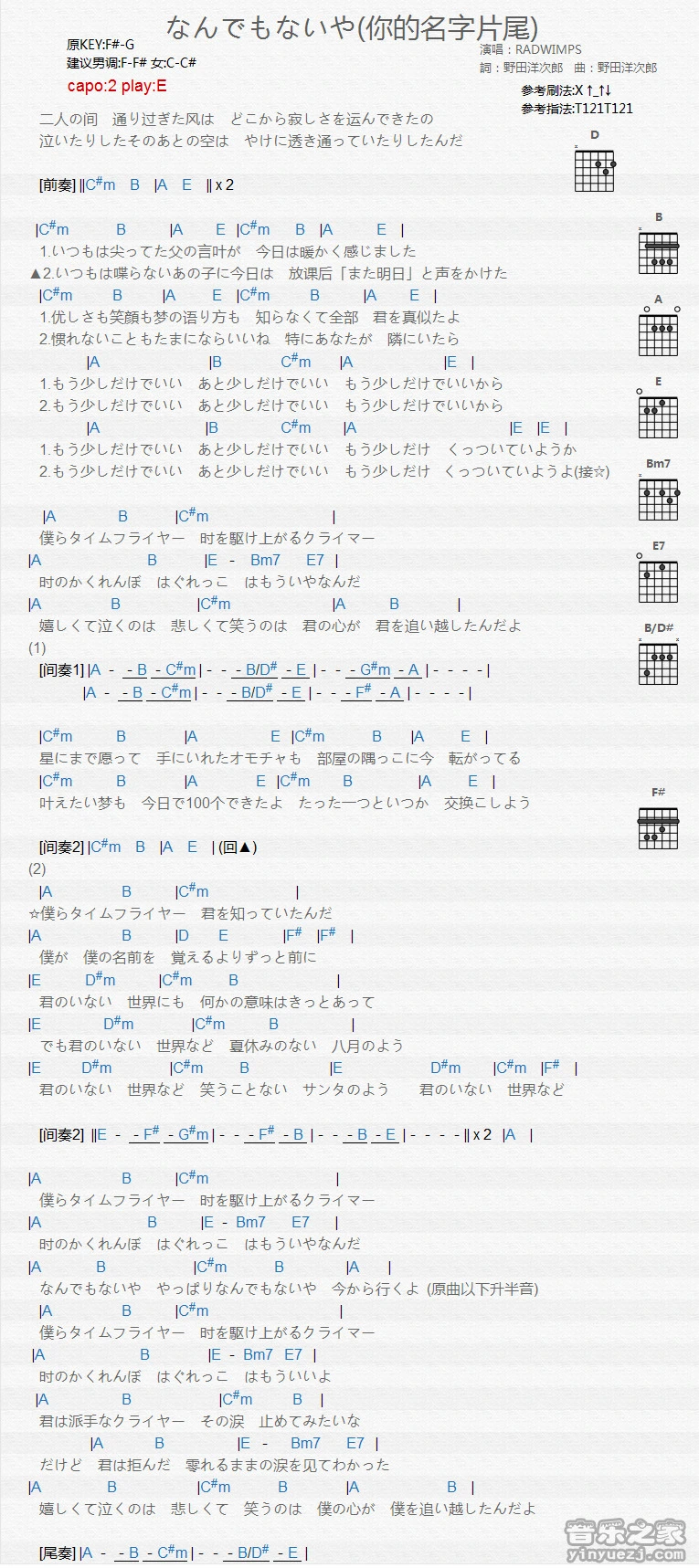 《なんでもないや》吉他和弦弹唱谱吉它谱